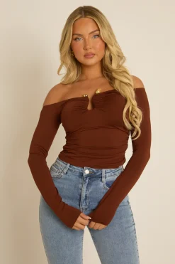 Rebellious Fashion Brown Bead Trim Long Sleeve Top - Verity