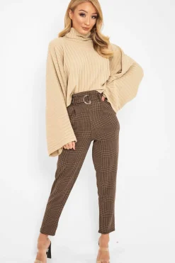 Rebellious Fashion Brown Black Houndstooth Belted Tapered Trousers - Aasia
