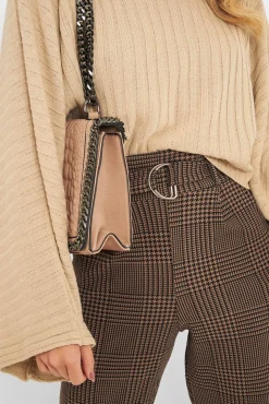 Rebellious Fashion Brown Black Houndstooth Belted Tapered Trousers - Aasia