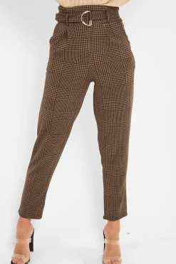 Rebellious Fashion Brown Black Houndstooth Belted Tapered Trousers - Aasia