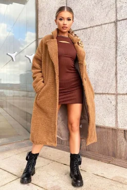 Rebellious Fashion Brown Borg Teddy Midi Coat - Leata