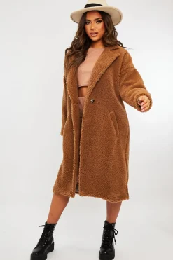 Rebellious Fashion Brown Borg Teddy Midi Coat - Leata
