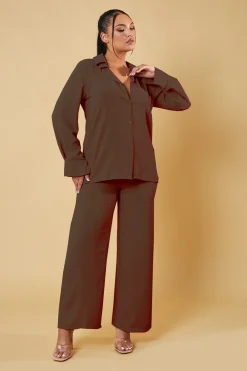 Rebellious Fashion Brown Button Up Front Shirt & Wide Leg Trouser Co-ord - Alicia