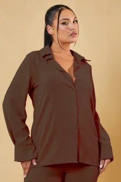 Rebellious Fashion Brown Button Up Front Shirt & Wide Leg Trouser Co-ord - Alicia