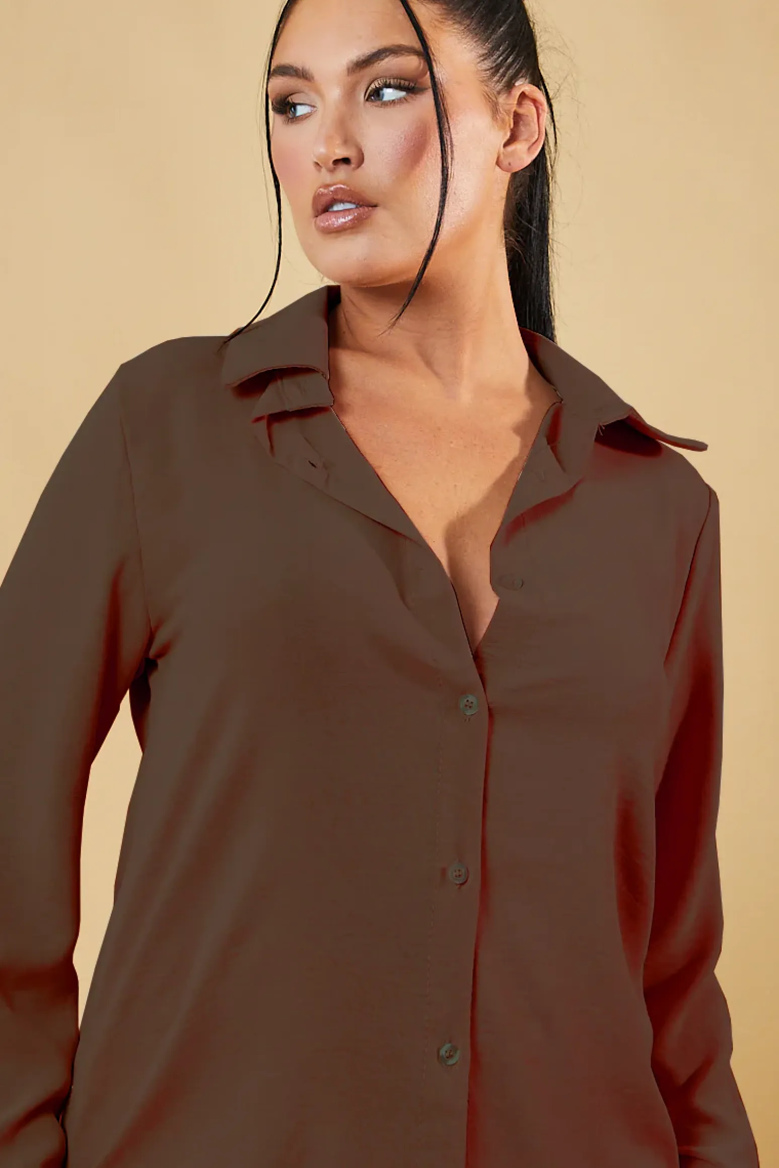 Rebellious Fashion Brown Button Up Front Shirt & Wide Leg Trouser Co-ord - Alicia