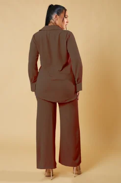 Rebellious Fashion Brown Button Up Front Shirt & Wide Leg Trouser Co-ord - Alicia