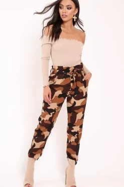 Rebellious Fashion Brown Camo Paper Bag Tie Waist Trousers - Ryana