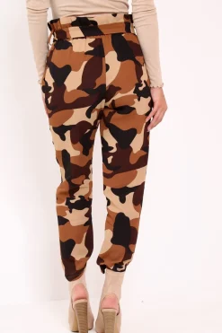 Rebellious Fashion Brown Camo Paper Bag Tie Waist Trousers - Ryana