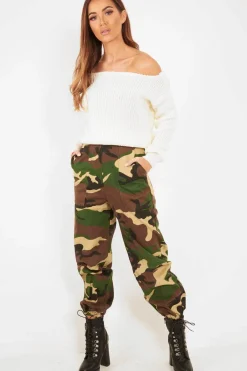 Rebellious Fashion Brown Camo Print Denim Cuffed Cargo Trousers - Aryan