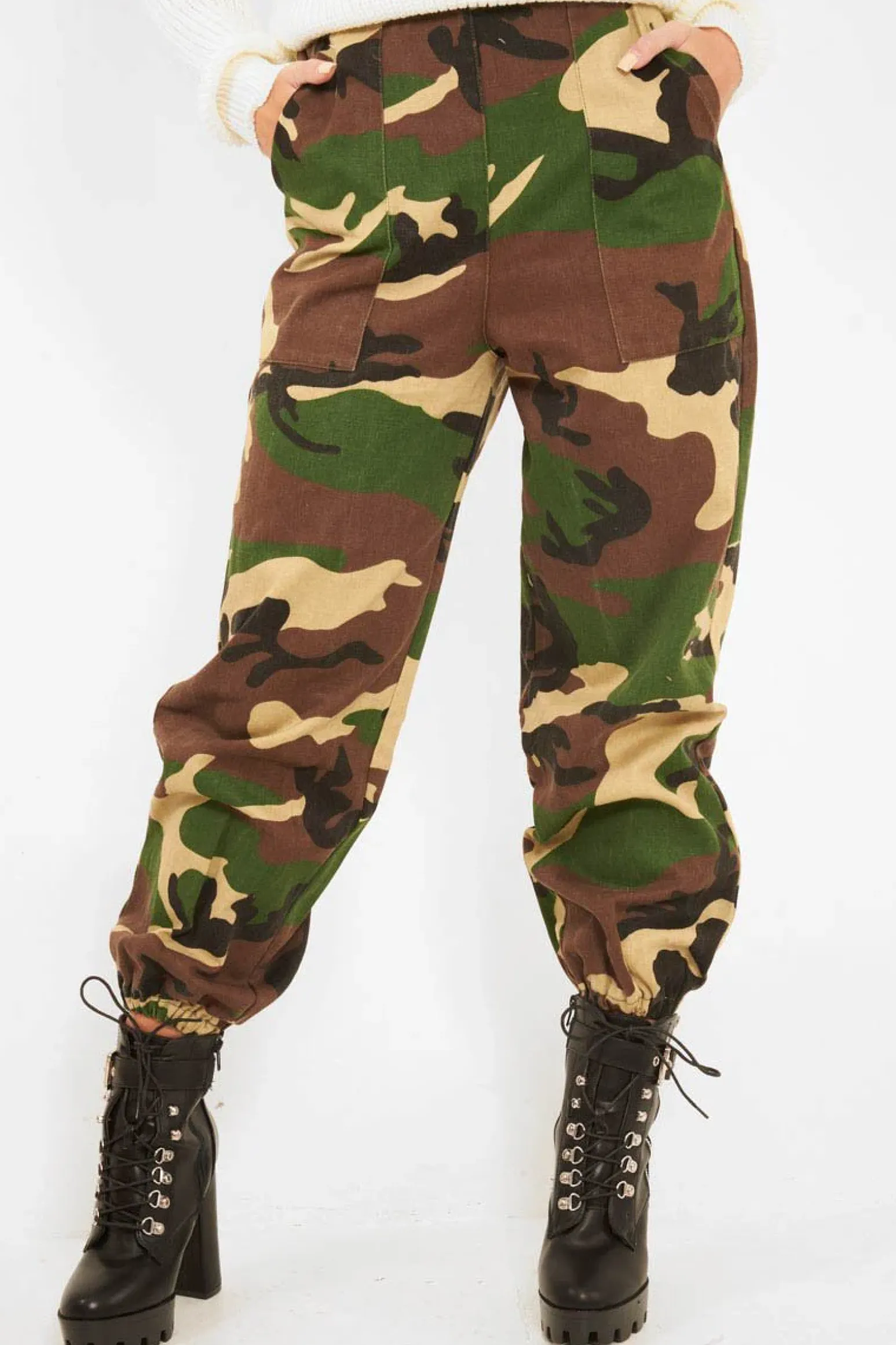 Rebellious Fashion Brown Camo Print Denim Cuffed Cargo Trousers - Aryan