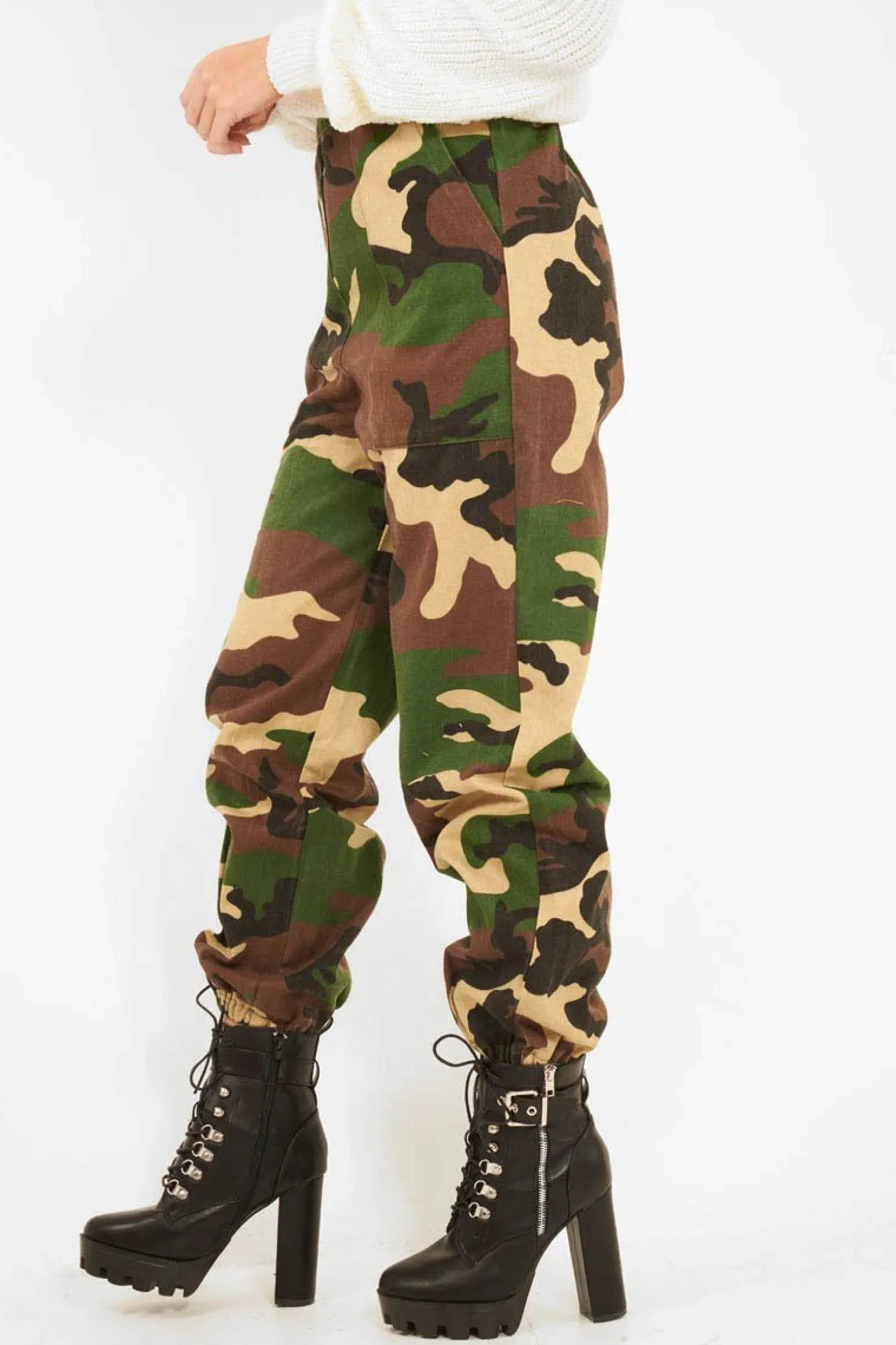 Rebellious Fashion Brown Camo Print Denim Cuffed Cargo Trousers - Aryan