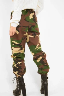 Rebellious Fashion Brown Camo Print Denim Cuffed Cargo Trousers - Aryan