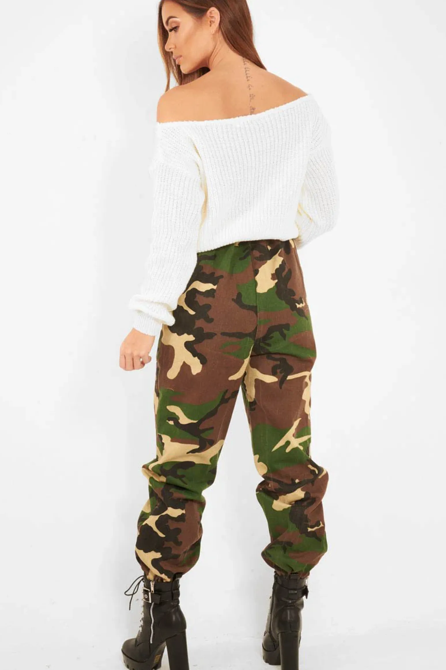Rebellious Fashion Brown Camo Print Denim Cuffed Cargo Trousers - Aryan