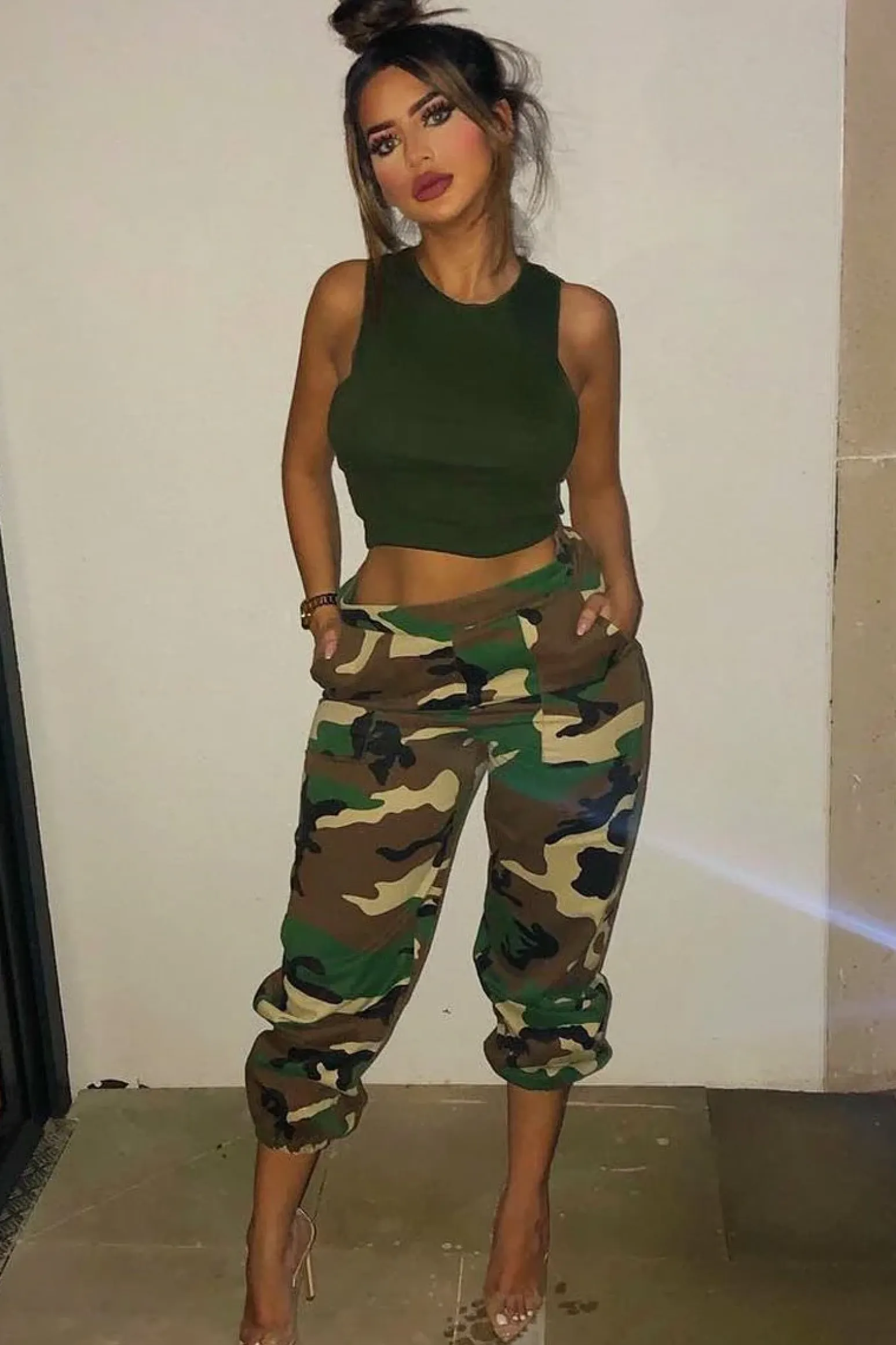 Rebellious Fashion Brown Camo Print Denim Cuffed Cargo Trousers - Aryan