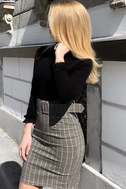 Rebellious Fashion Brown Check Belted Tailored Mini Skirt - Fiona