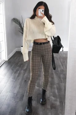 Rebellious Fashion Brown Check Belted Tapered Trousers - Kierra