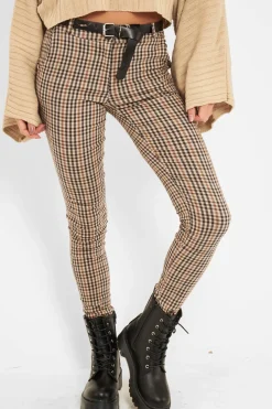 Rebellious Fashion Brown Check Belted Tapered Trousers - Kierra