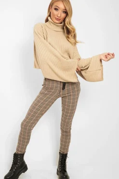Rebellious Fashion Brown Check Belted Tapered Trousers - Kierra