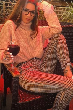 Rebellious Fashion Brown Check Belted Tapered Trousers - Kierra