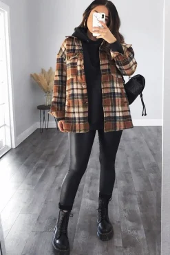 Rebellious Fashion Brown Check Brushed Oversized Shirt - Caela