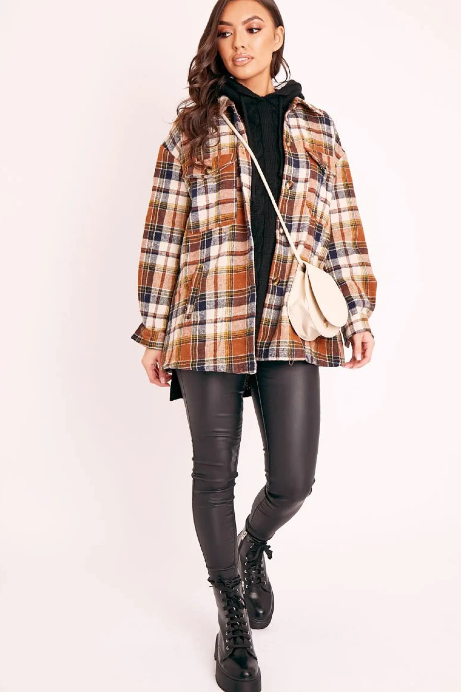 Rebellious Fashion Brown Check Brushed Oversized Shirt - Caela