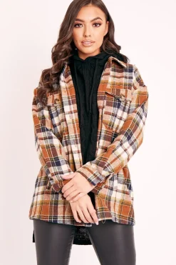 Rebellious Fashion Brown Check Brushed Oversized Shirt - Caela