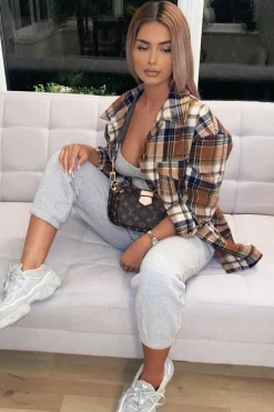 Rebellious Fashion Brown Check Brushed Oversized Shirt - Caela
