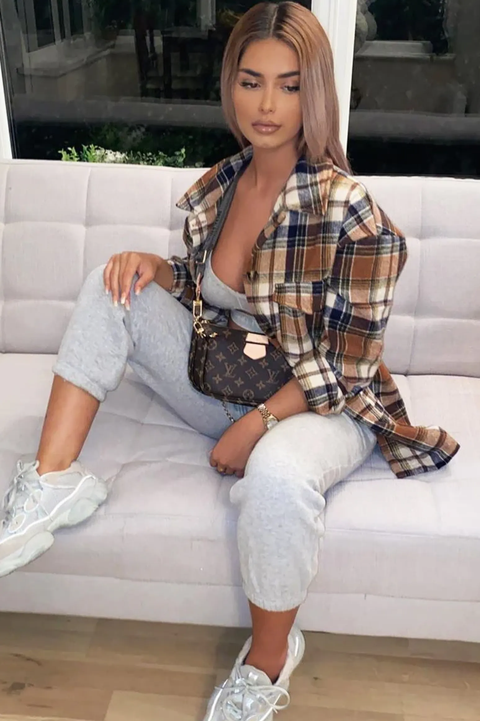 Rebellious Fashion Brown Check Brushed Oversized Shirt - Caela