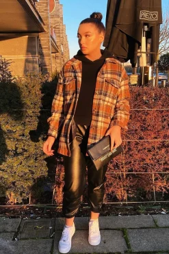 Rebellious Fashion Brown Check Brushed Oversized Shirt - Caela
