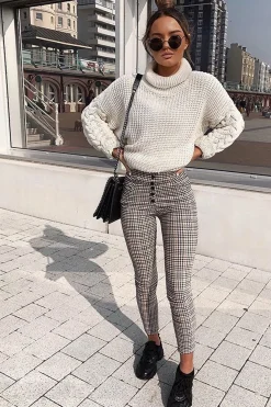 Rebellious Fashion Brown Check Button Front Skinny Leg Trousers - Simone