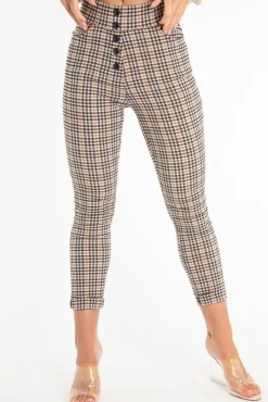 Rebellious Fashion Brown Check Button Front Skinny Leg Trousers - Simone