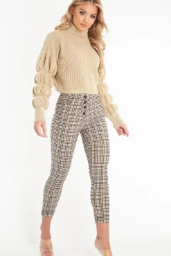 Rebellious Fashion Brown Check Button Front Skinny Leg Trousers - Simone