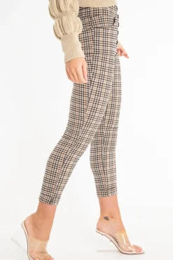 Rebellious Fashion Brown Check Button Front Skinny Leg Trousers - Simone