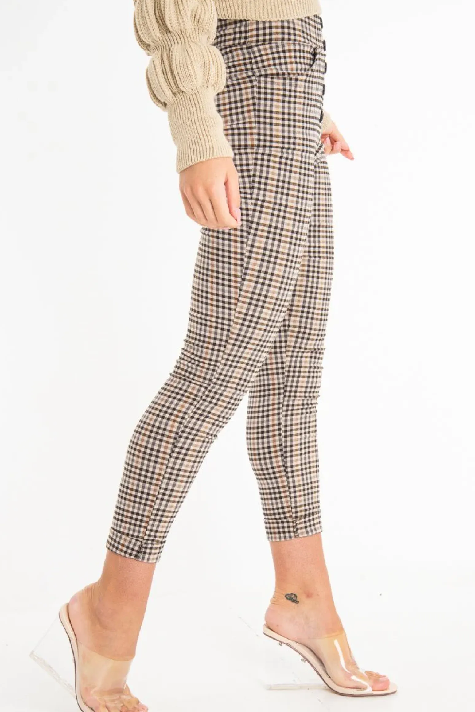 Rebellious Fashion Brown Check Button Front Skinny Leg Trousers - Simone