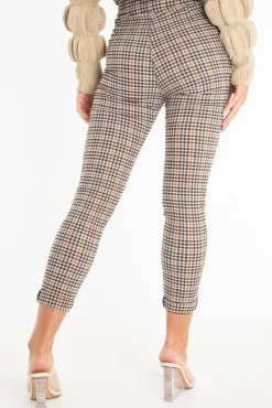 Rebellious Fashion Brown Check Button Front Skinny Leg Trousers - Simone