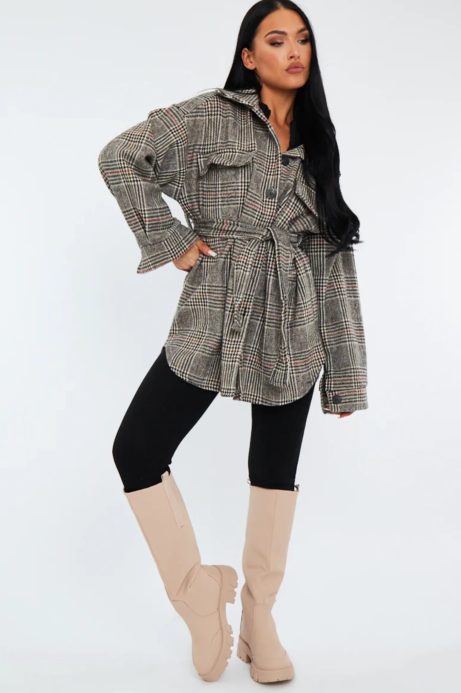 Rebellious Fashion Brown Checked Belted Pocket Front Shacket - Christi