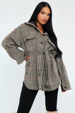 Rebellious Fashion Brown Checked Belted Pocket Front Shacket - Christi