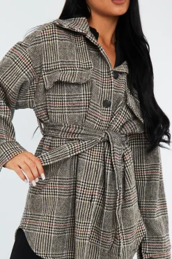 Rebellious Fashion Brown Checked Belted Pocket Front Shacket - Christi