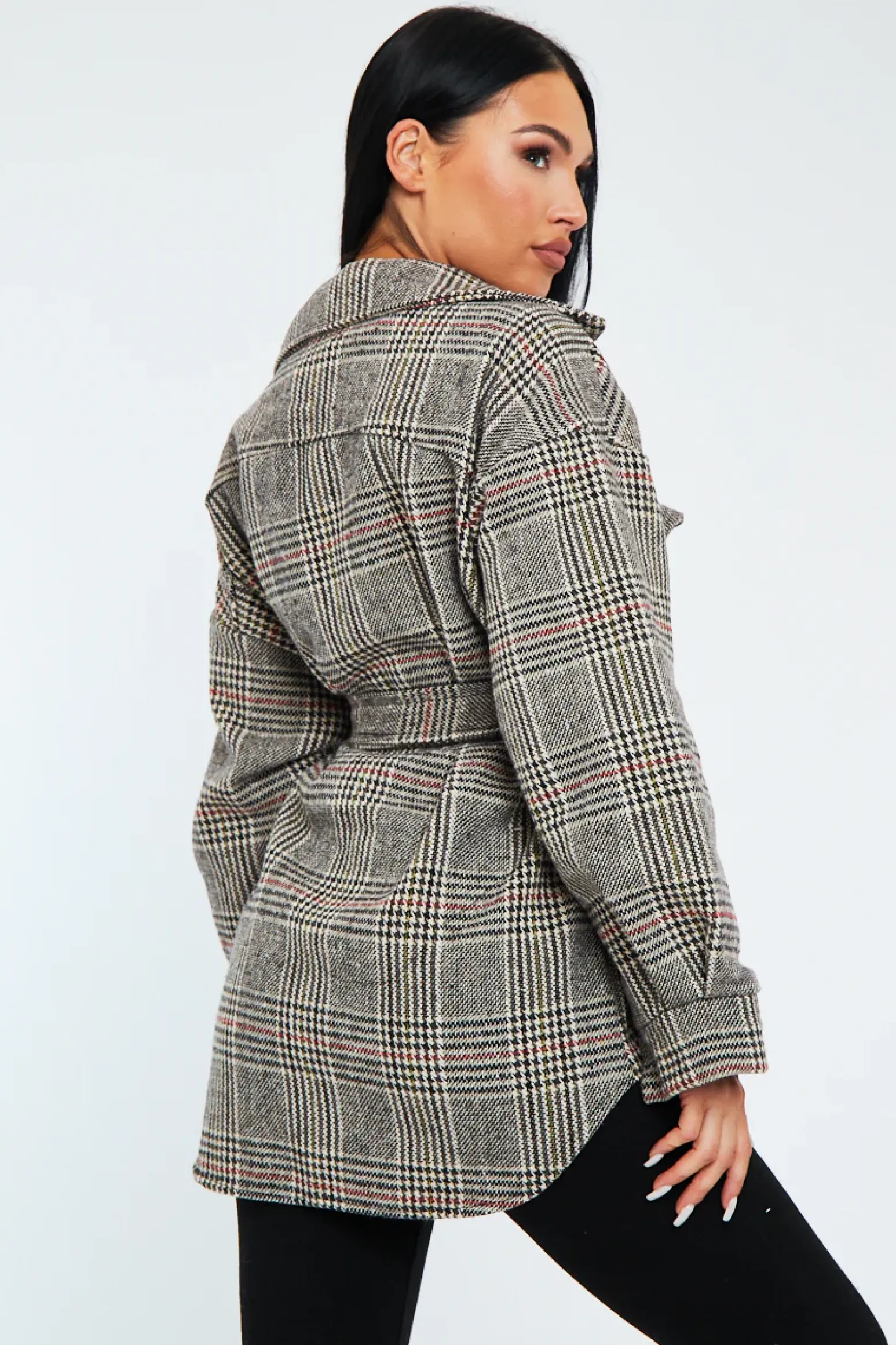 Rebellious Fashion Brown Checked Belted Pocket Front Shacket - Christi