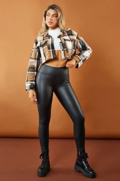 Rebellious Fashion Brown Checked Button Up Cropped Shacket - Lauren