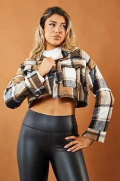 Rebellious Fashion Brown Checked Button Up Cropped Shacket - Lauren