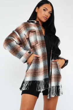 Rebellious Fashion Brown Checked Fringe Detail Shacket - Iyana