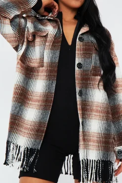 Rebellious Fashion Brown Checked Fringe Detail Shacket - Iyana