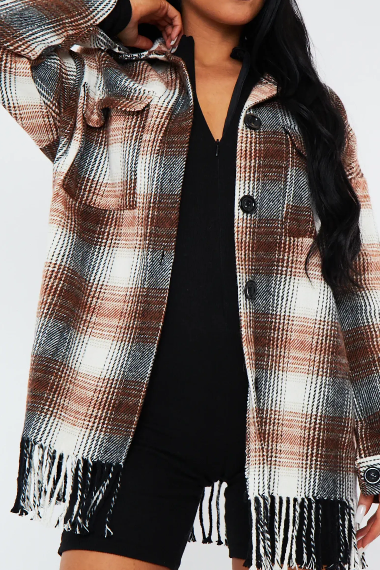 Rebellious Fashion Brown Checked Fringe Detail Shacket - Iyana