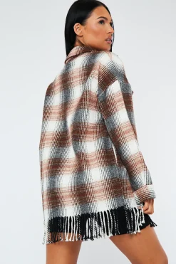 Rebellious Fashion Brown Checked Fringe Detail Shacket - Iyana