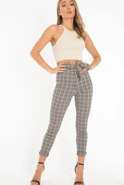 Rebellious Fashion Brown Checked High Waist Tapered Tie Belt Trousers - Airis