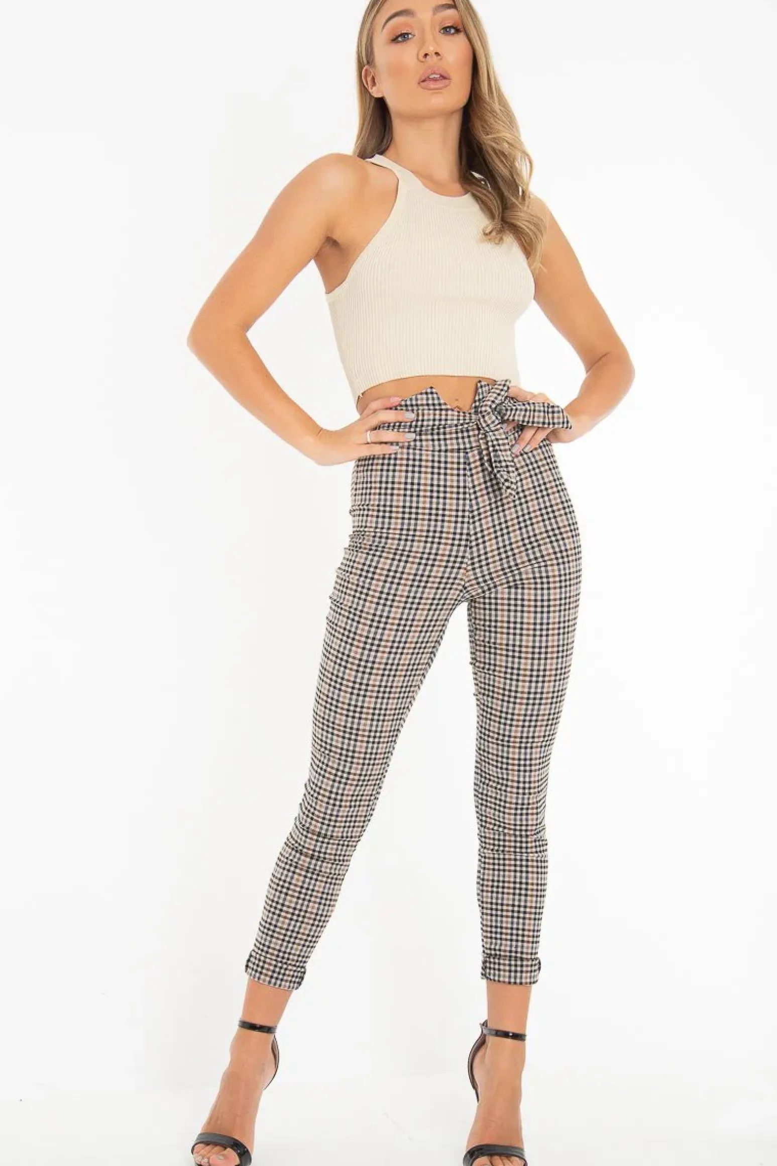 Rebellious Fashion Brown Checked High Waist Tapered Tie Belt Trousers - Airis