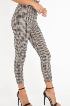 Rebellious Fashion Brown Checked High Waist Tapered Tie Belt Trousers - Airis