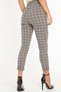 Rebellious Fashion Brown Checked High Waist Tapered Tie Belt Trousers - Airis