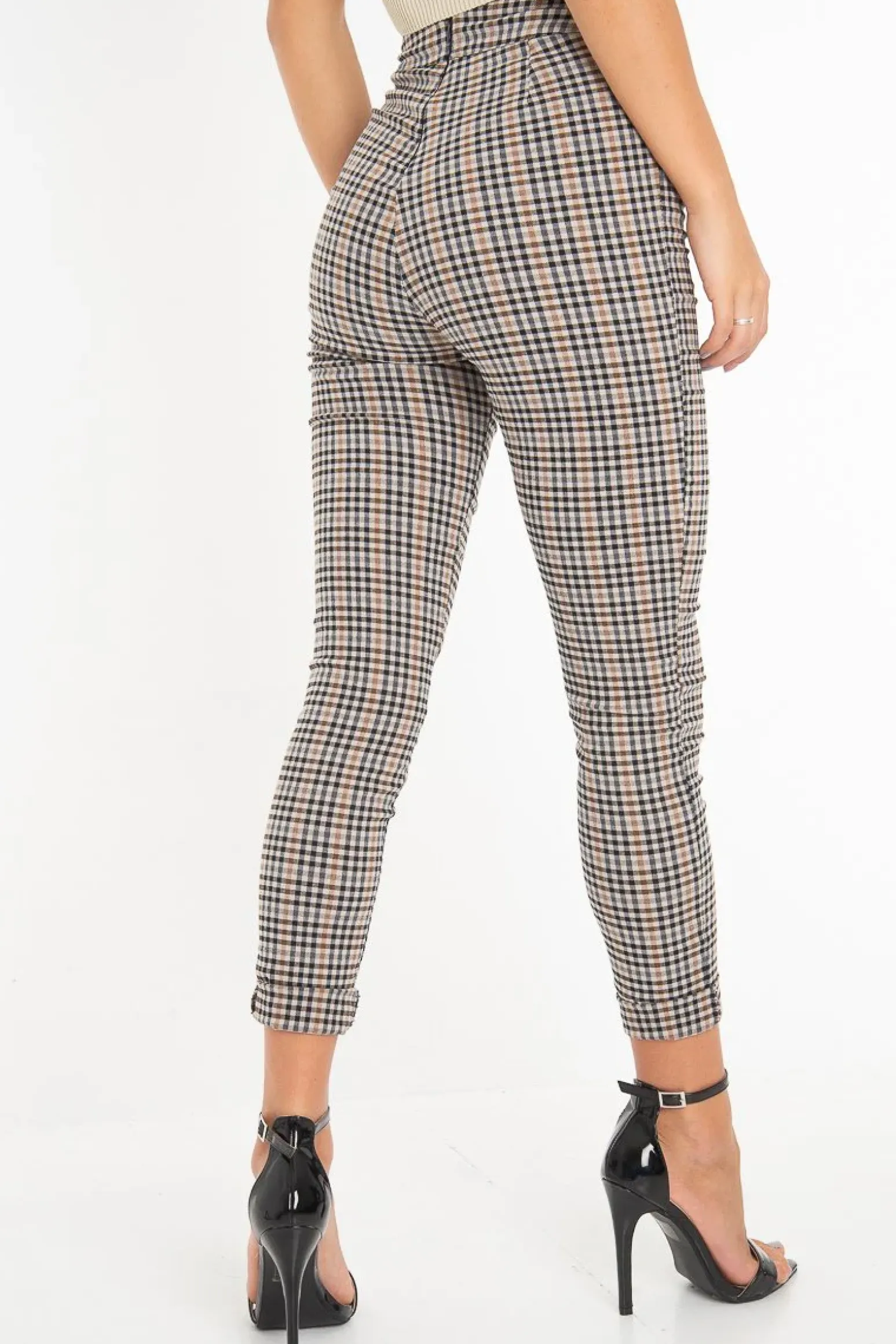 Rebellious Fashion Brown Checked High Waist Tapered Tie Belt Trousers - Airis